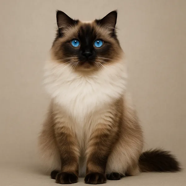 Discover a puzzle with a regal long-haired cat centered against a soft beige backdrop, its striking sapphire-blue eyes contrasting beautifully with warm cream a