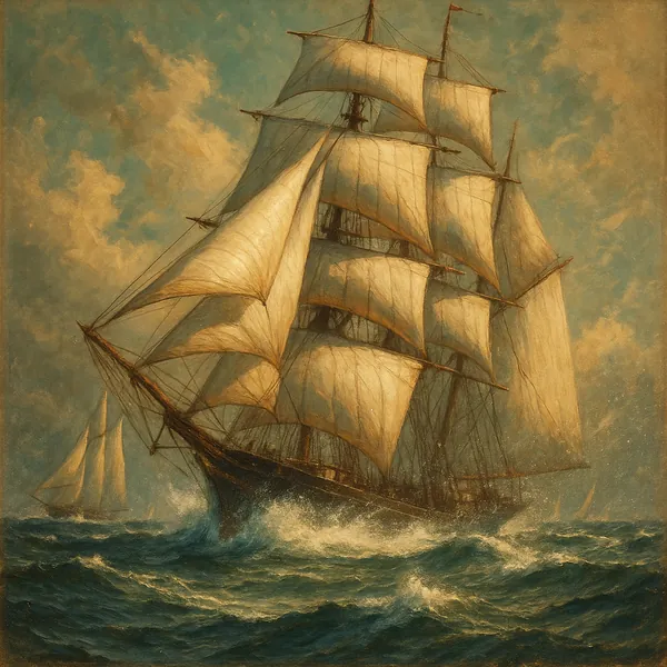 Enjoy assembling a puzzle depicting a majestic tall ship with billowing sails cutting through teal ocean waves under a golden, cloud-speckled sky.
