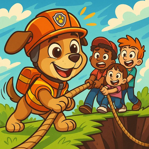 Enjoy an online jigsaw puzzle designed for browser play, featuring a cheerful rescue dog and playful children in a bright, cartoon-style scene.