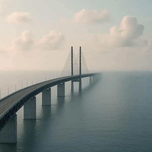 Discover a puzzle with a graceful cable-stayed bridge stretching into misty horizons over a calm sea.