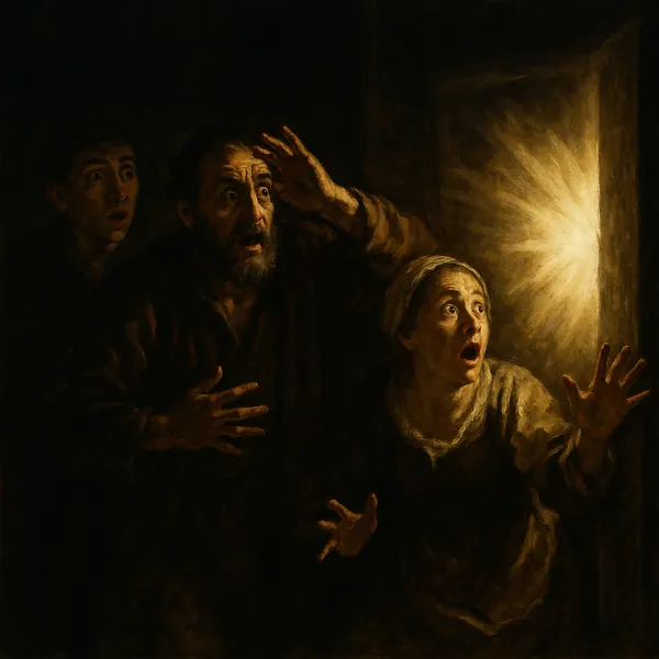 Discover a puzzle featuring three startled figures bathed in warm, golden light spilling through a doorway, set against deep, velvety shadows.