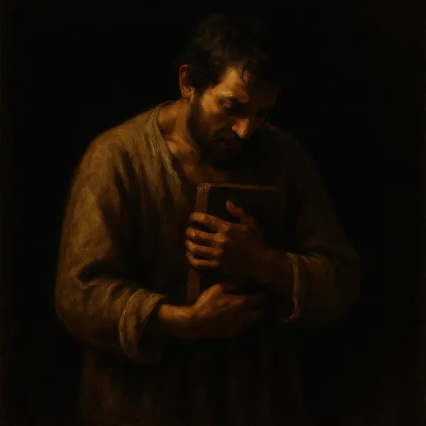 Discover a puzzle with a softly lit, contemplative portrait of a man clutching a worn book against a deep, shadowy background.