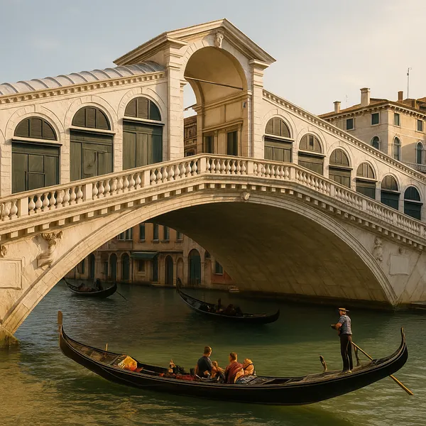 Discover a puzzle with a sunlit Venetian bridge arching over a tranquil turquoise canal, gondolas gliding beneath and historic stone buildings bathed in warm go
