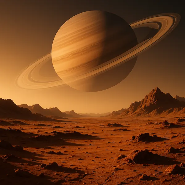 Enjoy an online jigsaw puzzle designed for browser play, featuring a dramatic space scene with a giant ringed planet hanging low in the sky.