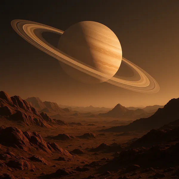 Enjoy an online jigsaw puzzle designed for browser play, featuring a dramatic space scene of a ringed planet looming above an alien, rocky plain.