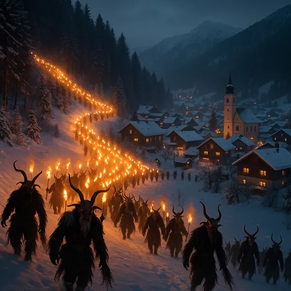 Discover a puzzle with a moonlit winter village lit by warm torchlight as a winding procession of horned, fur‑clad figures crosses a snow‑covered hillside towar