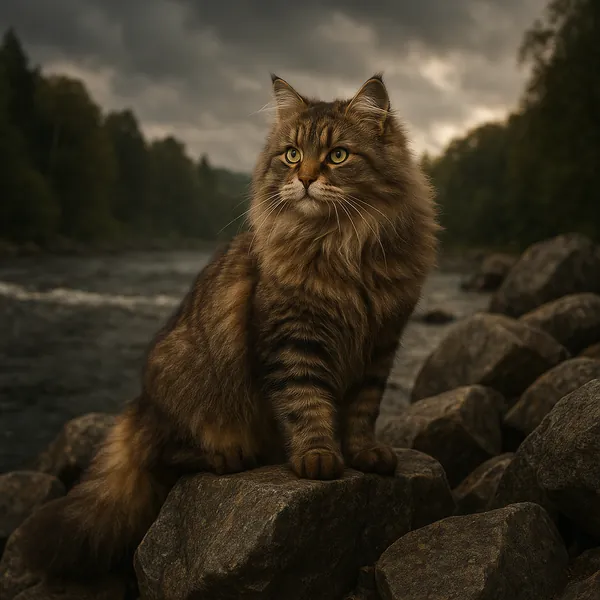Discover a puzzle with a majestic long-haired tabby cat perched on smooth river rocks beside a gently flowing stream, captured under a moody, cloud-swept sky.