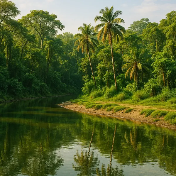 Discover a puzzle with a tranquil riverside scene where tall palm trees and a lush green forest mirror softly in glassy water.