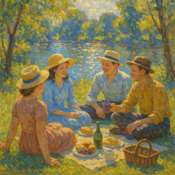 Enjoy assembling a puzzle depicting a sunlit riverside picnic where four friends in straw hats sit on a blanket by shimmering blue water.