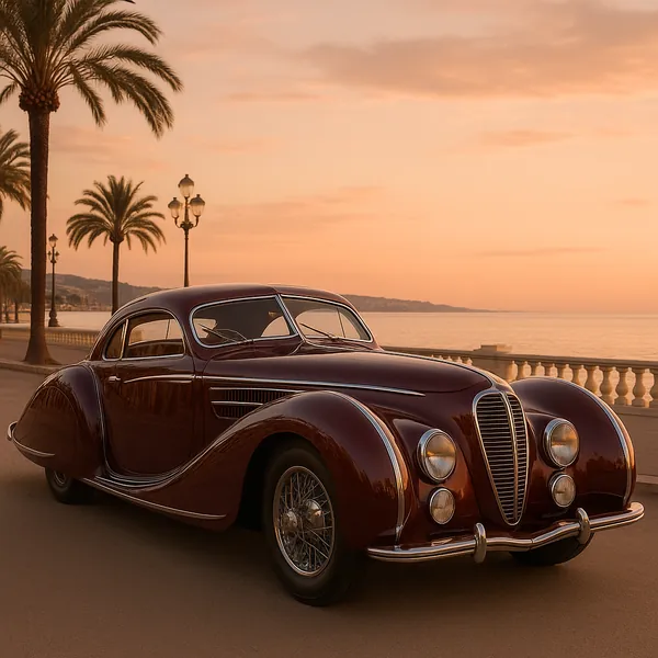 Discover a puzzle with a gleaming vintage maroon coupe parked along a sunlit seaside promenade at golden hour.