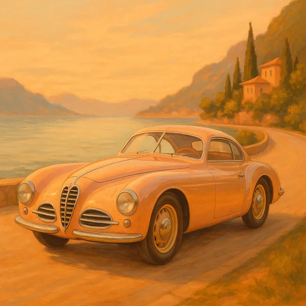 Discover a puzzle with a vintage coupe parked on a sunlit coastal road, painted in warm golden and peach tones that wash the scene in a dreamy sunset glow.