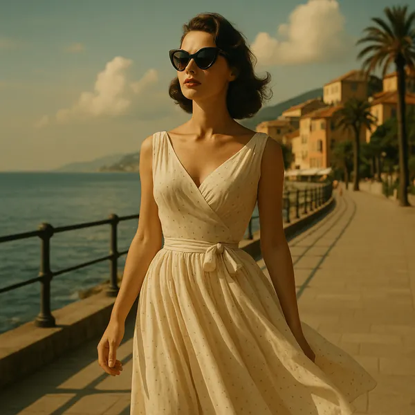 Discover a puzzle with a graceful woman in a vintage cream dress strolling along a sunlit seaside promenade.