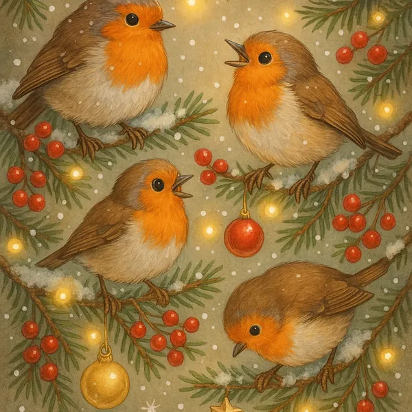 Enjoy an online jigsaw puzzle designed for browser play, featuring a charming winter wildlife scene of robins and festive evergreens.