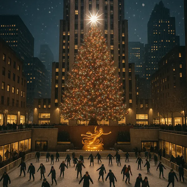 Discover a puzzle with a majestic, twinkling holiday tree towering over a bustling ice rink in a snowy city plaza.