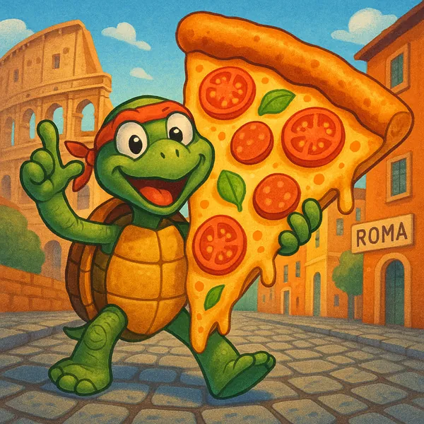 Discover a puzzle with a cheerful cartoon turtle strolling through a sunny Roman street while proudly holding an oversized, gooey pepperoni pizza slice.