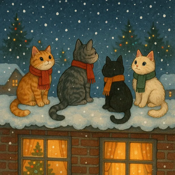 This online jigsaw puzzle features a cozy holiday scene of four scarves-wearing cats perched on a snowy rooftop, perfect for animal and seasonal puzzle lovers.