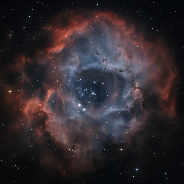 Discover a puzzle with a breathtaking cosmic scene: a swirling nebula ringed in warm red and cool blue-gray clouds, scattered with glittering stars against deep