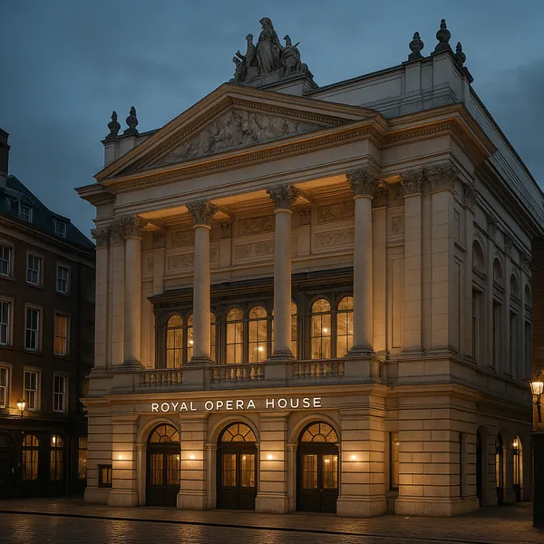 Discover a puzzle with the grand façade of a historic Royal Opera House at dusk, its neoclassical columns and sculpted pediment bathed in warm, golden light aga