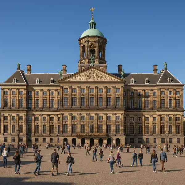 Discover a puzzle with a grand neoclassical palace bathed in warm sandstone tones, a verdant teal dome against a clear blue sky, and a bustling open plaza dotte