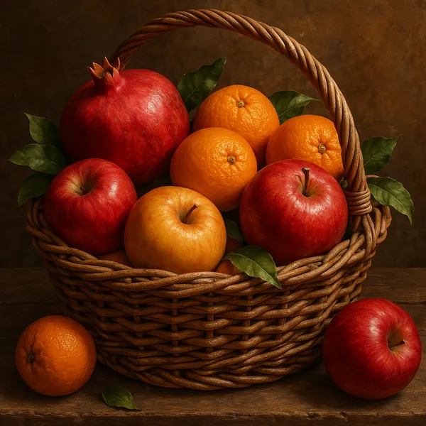 This online jigsaw puzzle features a warm still life of fruit in a woven basket, perfect for food and nature lovers to enjoy in the browser.