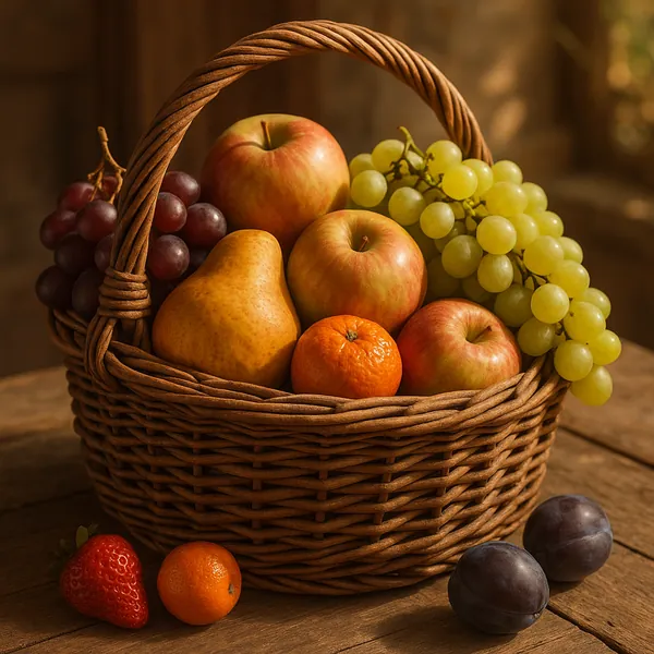 This online jigsaw puzzle features a cozy still-life of fresh fruit in a woven basket, perfect for a relaxing browser play session focused on food and natural t