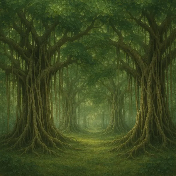 Discover a puzzle with an enchanted forest scene of towering, ancient trees whose knotted roots and draping vines form a verdant tunnel.