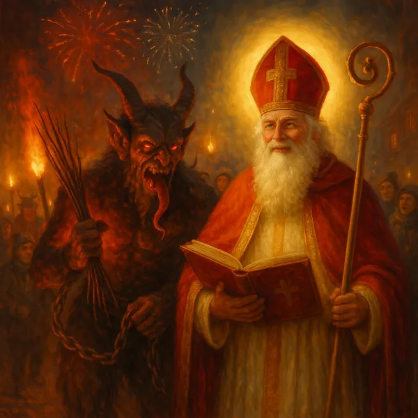 Discover a puzzle with a dramatic festival scene showing a kindly, haloed saint in red robes holding a book and staff beside a fierce, horned figure with glowin