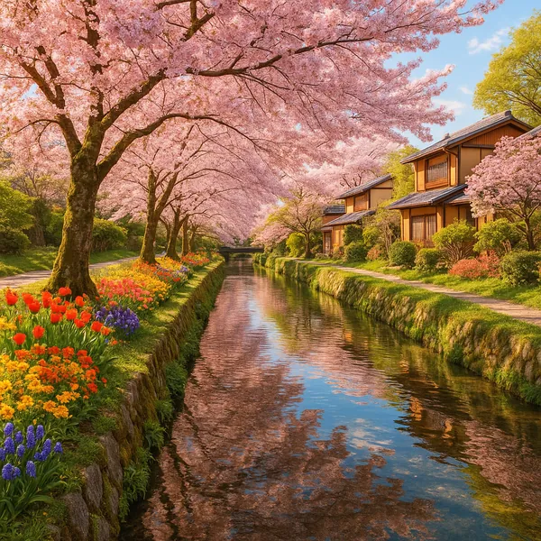 Discover a puzzle with a serene springtime canal lined by arching cherry blossom trees, traditional wooden houses, and vivid flower beds in pinks, reds, purples