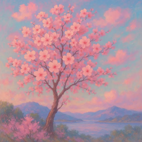 Enjoy assembling a puzzle depicting a blossoming cherry tree in soft pastel hues.