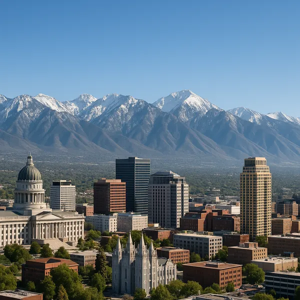 Discover a puzzle with a sunlit city skyline set against a dramatic range of snow-capped mountains under a clear blue sky.