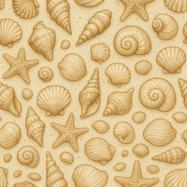 Discover a puzzle with a hand‑drawn collection of seashells and starfish scattered across a warm sandy background.