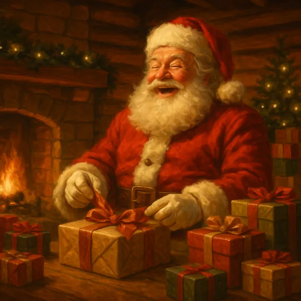 This online jigsaw puzzle features a cozy Christmas scene perfect for browser play, centered on a cheerful Santa Claus at his workbench.
