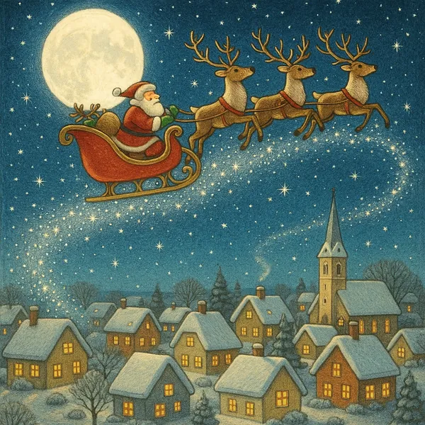 Enjoy an online jigsaw puzzle designed for browser play, featuring a whimsical Christmas scene that blends holiday magic with a starry night sky.