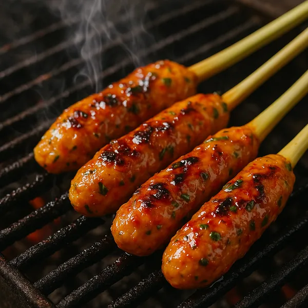 Enjoy assembling a puzzle depicting four glossy, grilled skewers of seasoned meat on wooden sticks over a hot barbecue — close-up details show warm orange and g