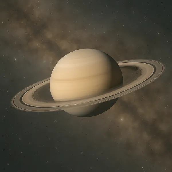 Discover a puzzle with a majestic ringed planet reminiscent of Saturn floating against a rich, star-speckled Milky Way — soft golden-beige bands and delicate co