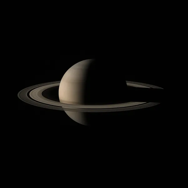 Discover a puzzle with a serene view of Saturn and its iconic rings, rendered in soft beige and warm gray tones against a deep, velvety black backdrop.
