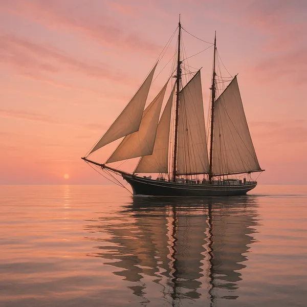 Discover a puzzle with a graceful schooner sailing across a glassy sea at sunset.