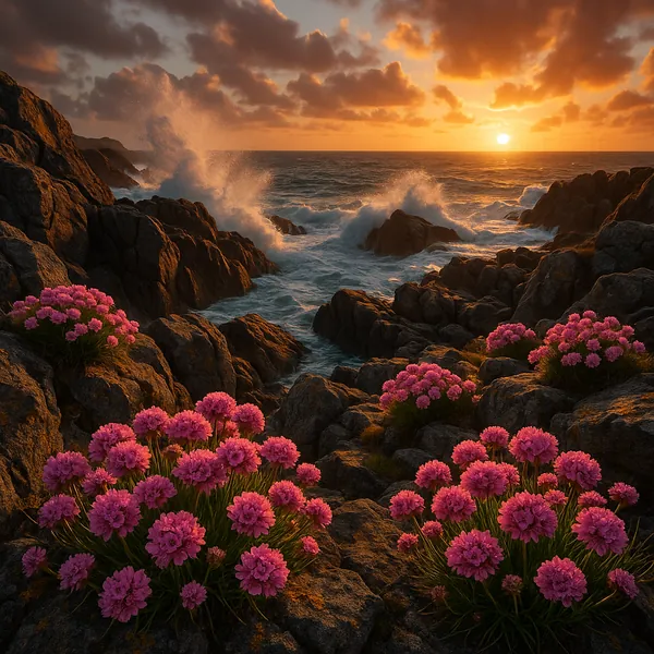 Discover a puzzle with a dramatic coastal sunset where golden light spills across a rocky shoreline and the sun melts into the sea.