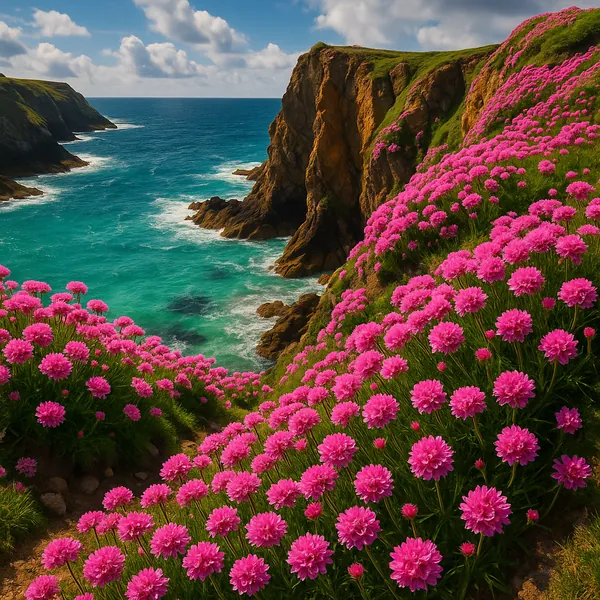 Discover a puzzle with a sunlit coastal cliff carpeted in vibrant pink wildflowers overlooking a turquoise sea.
