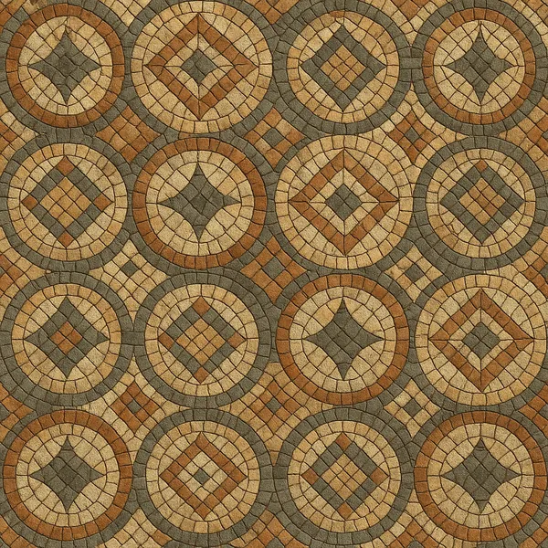 Discover a puzzle with a repeating mosaic of circular tile medallions and diamond motifs, rendered in warm earthy hues of terracotta, sandstone, and slate gray.