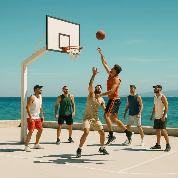 Play an online jigsaw puzzle in your browser that shows a lively outdoor basketball game by the sea, perfect for fans of sports and sunny beach scenes.
