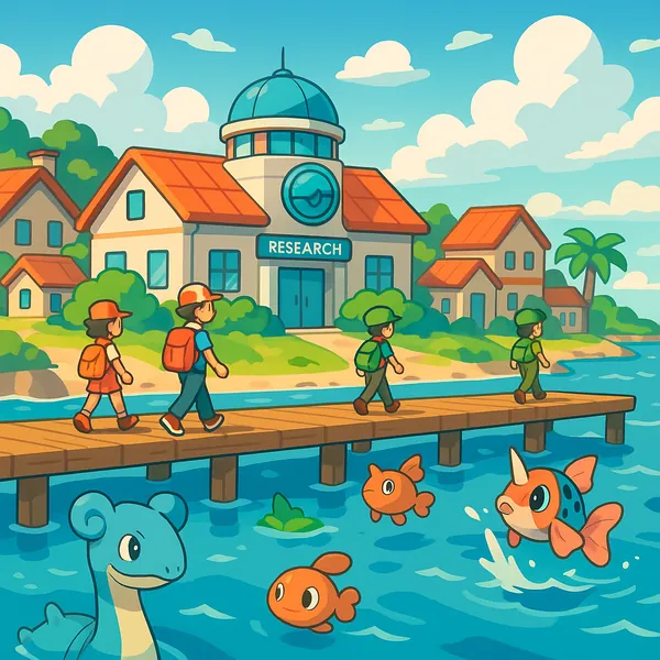 Discover a puzzle with a sunny seaside village scene: a cheerful research building with a domed roof and warm terracotta tiles, a wooden pier stretching over sp