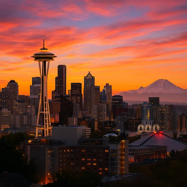 Discover a puzzle with a glowing city skyline at sunset, featuring a graceful observation tower rising above modern skyscrapers with a snow-capped mountain in t