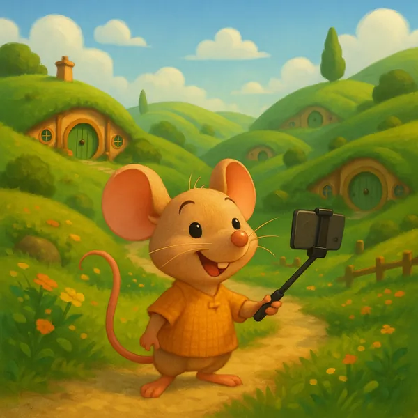 Discover a puzzle with a cheerful little mouse taking a selfie on a sunlit country path, surrounded by round, grassy hill cottages and winding trails.