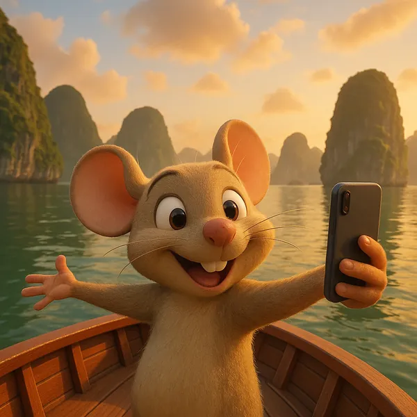 Enjoy assembling a puzzle depicting an adorable animated mouse taking a cheerful selfie aboard a wooden boat at golden hour.