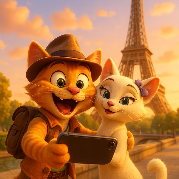 Enjoy assembling a puzzle depicting two cheerful cartoon cats taking a selfie in front of the Eiffel Tower at sunset.