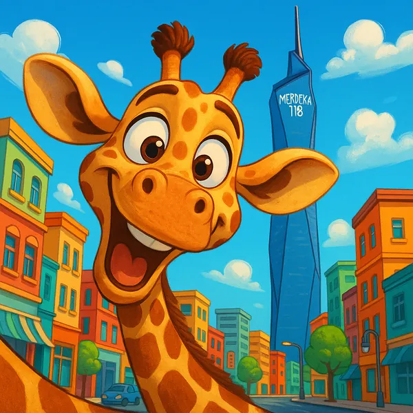 Discover a puzzle with a cheerful cartoon giraffe beaming in a bright, colorful cityscape.