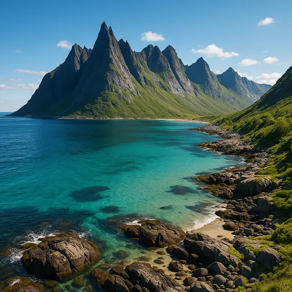 Discover a puzzle with a stunning coastal scene of turquoise waters lapping a rocky shoreline beneath dramatic, jagged mountain peaks.