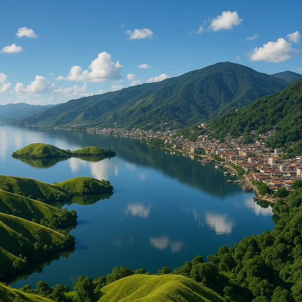 Discover a puzzle with a serene lakeside scene showing a mirror-like blue lake dotted with grassy green islets, a quaint town hugging the shoreline, and lush fo