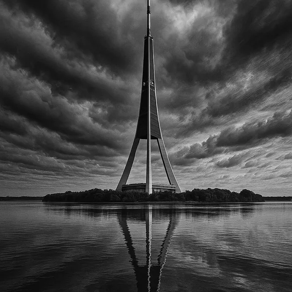 Enjoy assembling a puzzle depicting a striking black-and-white scene of a tall, elegant tower rising above a calm body of water, its sleek silhouette mirrored p
